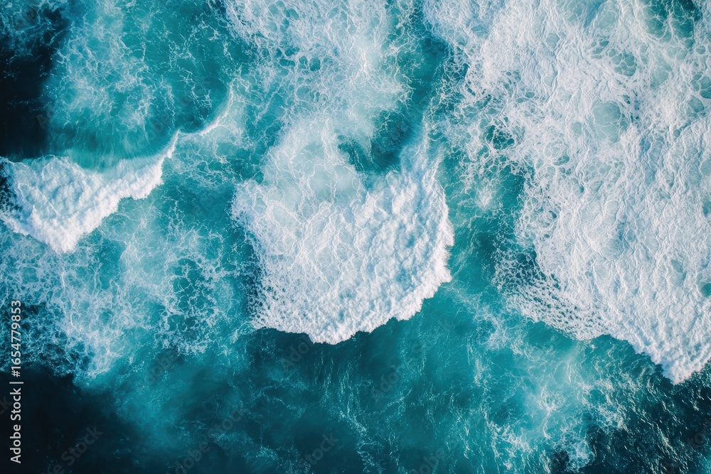 Poster aerial view of ocean waves crashing and creating white foam on the deep blue sea surface.