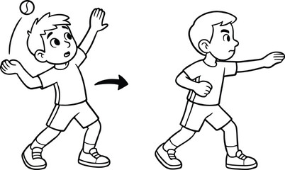 Cartoon boy throwing ball, kids sports activity, children outdoor game illustration, black and white drawing, school exercise, physical education, vector artwork design