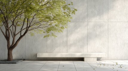 Modern outdoor setting with tree and concrete bench for urban design presentations, landscape architecture, real estate marketing, sustainable spaces

