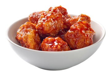 A bowl of  crispy, glazed chicken pieces