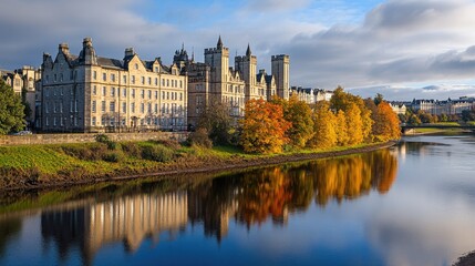Peaceful riverbank in an autumn park, Aberdeen, Scotland, reflections of vibrant fall foliage in the water