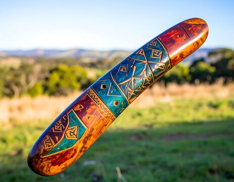 Ornate, curved wooden object with vibrant geometric patterns, outdoors