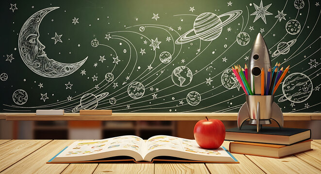 Cosmic classroom exploration: Space-themed doodles and creative rocket launch - Powered by Adobe