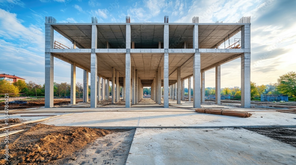 Poster perspective view of tall g structure under construction with modern symmetrical design and grey conc