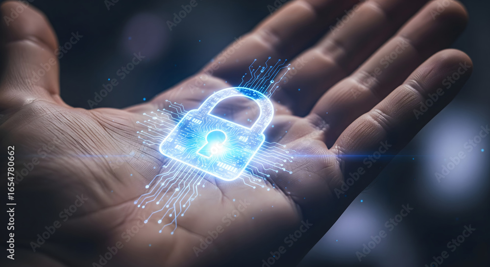Poster digital lock icon with circuit patterns in open hand concept