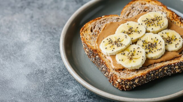 A slice of whole grain bread topped with peanut butter and banana slices, sprinkled with seeds, served on a simple plate.