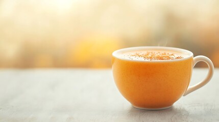 Cozy orange mug filled with warm beverage near a window