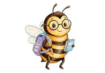 Cute cartoon bee with glasses, backpack, book, and pencil isolated on transparent background