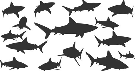 Fototapeta premium Vector art of numerous shark silhouettes displayed against a plain