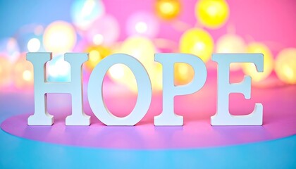 White wooden letters spelling out the word "HOPE" on a pastel pink and light blue background, highlighted by blurred yellow lights, creating a cheerful and inspiring visual.