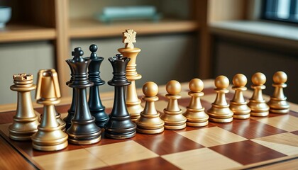 Classic chess pieces arranged on a light wood chessboard,  pieces,   skill