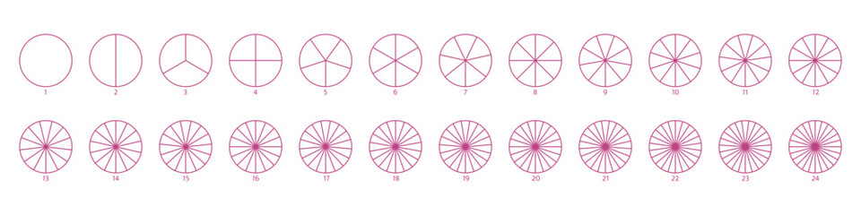 Segmented circles set. Diagram wheel parts. Line art segment slice sign. Circle section graph. Pie chart icon. Round diagram part infographic. Geometric element. Vector illustration