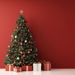 A beautifully decorated Christmas tree with red and gold ornaments stands against a rich red wall, surrounded by presents.