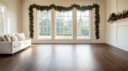 Fototapeta premium A cozy, well-lit living room featuring large windows adorned with festive greenery and a comfortable sofa, creating a warm, inviting atmosphere.