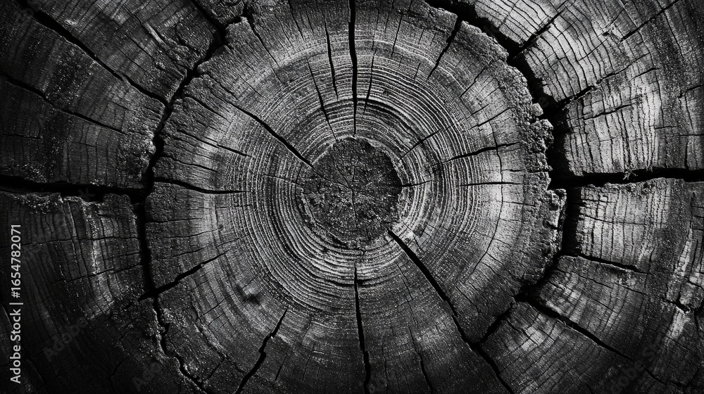 Poster a close-up black and white image showing the detailed texture and rings of a tree trunk cross-sectio