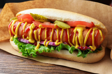 Tasty hot dog with vegetables, mustard and ketchup on wooden table, closeup