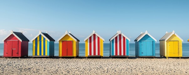 Colorful beach huts line a sandy shore, under a clear blue sky, creating a vibrant and cheerful seaside scene.