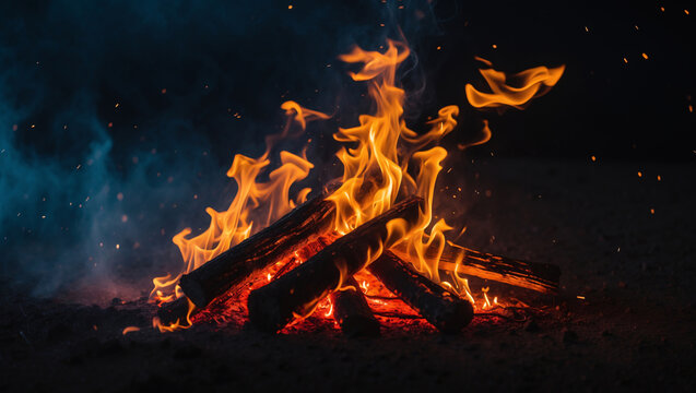 A warm and glowing bonfire burns brightly, with vivid orange and yellow flames leaping from stacked logs against a dark, smokey background
