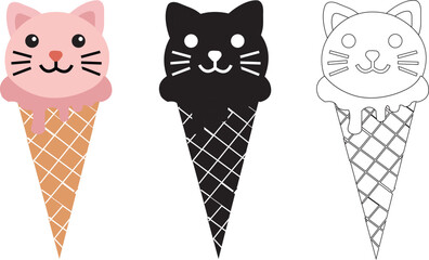Cute Cat Ice Cream Cone Vector Illustration in Color, Solid, and Outline Style for Kawaii Food Designs, Kids Products, Birthday Party Invitations, and Cartoon Dessert Graphics