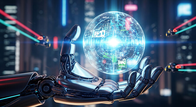 Robot hand holding a glowing sphere of digital technology and artificial intelligence.