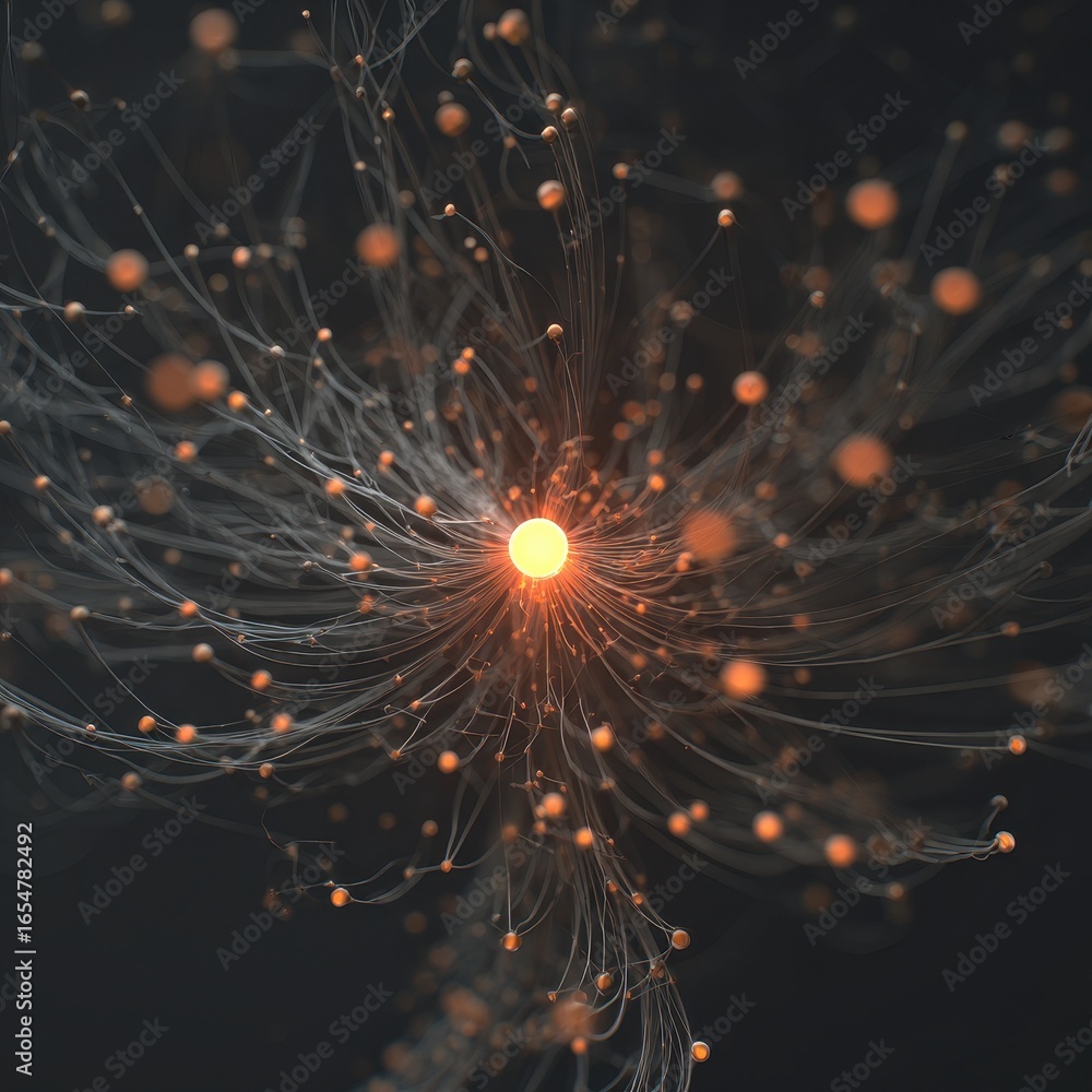 Poster glowing spheres with trails connecting, abstract visualization, dark background. use data