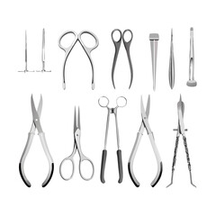 Create a high-detail icon pack featuring 15 realistic surgical instruments. Include scalpels, forceps, clamps, and retractors.