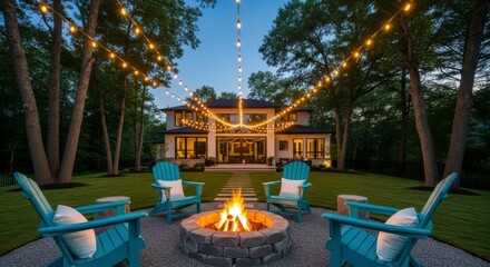 A serene backyard setting with a circular stone fire pit glowing with flames. Four teal Adirondack chairs with white cushions surround the fire. String lights hang above, casting a warm glow