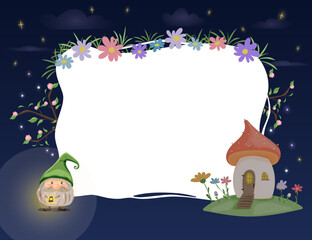 Vector frame with gnome mushroom house and flowers at night. Blank center for text. Ideal for invitations greeting cards posters and childrens graphics