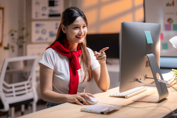 Fototapeta premium A woman is sitting at a desk with a computer monitor and a keyboard