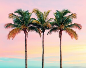 Obraz premium Three palm trees stand against a pastel sky, creating a serene tropical scene at sunset.