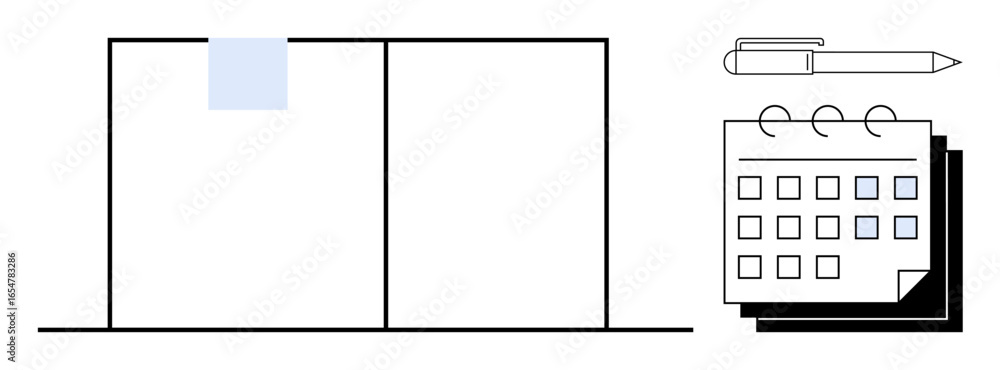 Poster open notebook with sticky note, spiral calendar displaying dates, and pen for planning. ideal for or