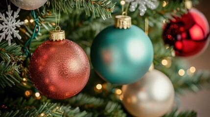 Fototapeta premium A close-up of colorful Christmas ornaments hanging on a beautifully decorated tree, enhancing the festive atmosphere.