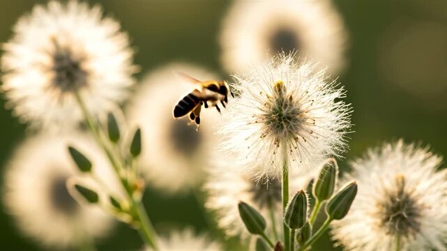 A bee lands on a delicate dandelion seed head at golden hour, Dandelion seed head with a bee in the summer garden