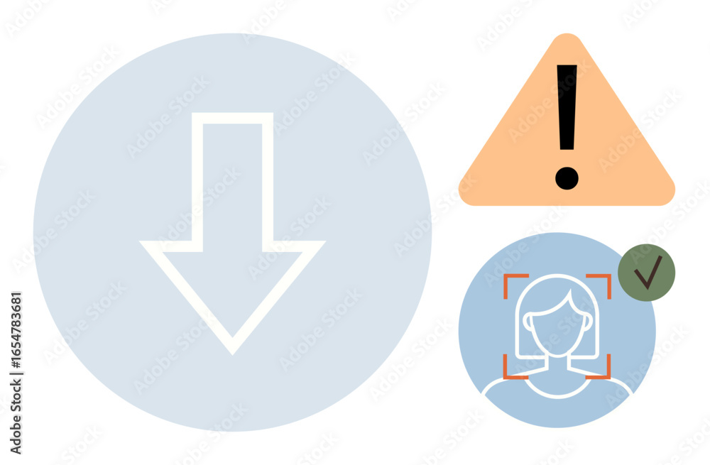 Poster downward arrow, caution triangle with exclamation mark, and verified user symbol emphasize process, 
