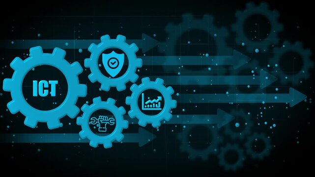 I C T technology gears with security graph and tools icons advancing forward with data streams