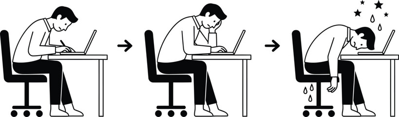 Vector art of man progressively slumping over his laptop at a desk, showing extreme fatigue and exhaustion from work