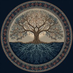 Fototapeta premium Tree of life art on patterned circular rug, roots spreading, for decor use