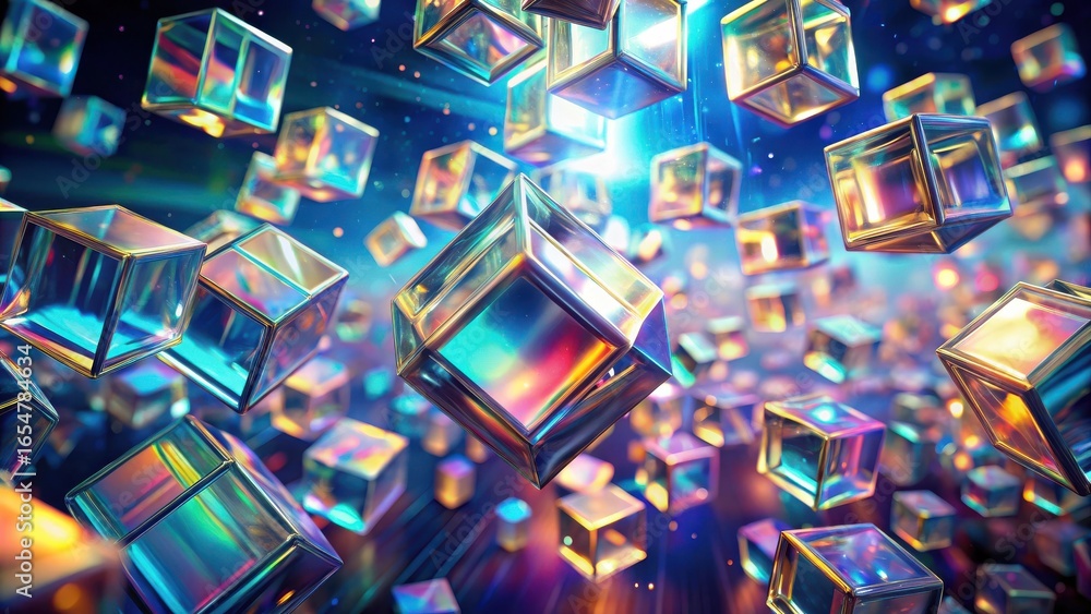 Aufkleber abstract iridescent cubes floating in a vibrant digital space, a dynamic and colorful illustration o