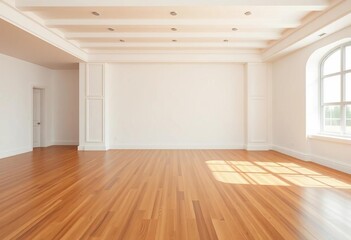 Fototapeta premium Vast empty room, pristine white walls, warm wooden floor , interior design, white walls