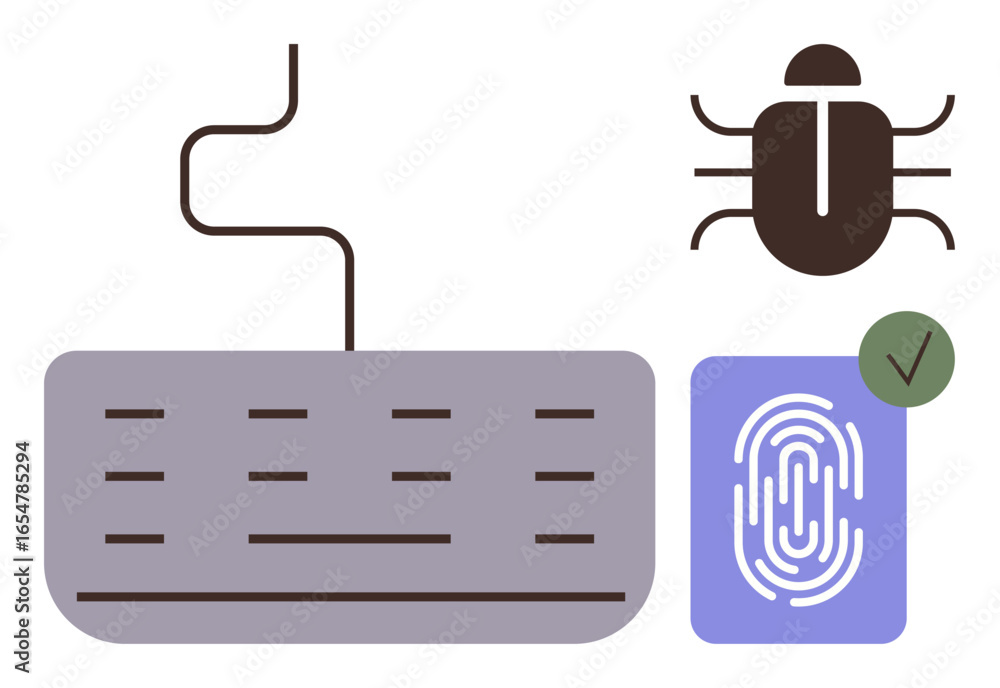 Poster keyboard and bug symbolizing a cyber threat, fingerprint with green check indicating secure access. 