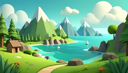 Naklejka premium stylized and colorful landscape of a tranquil bay at sunset. The vibrant sky and calm water reflect the stunning hues of orange and pink, with mountains and islands in the distance