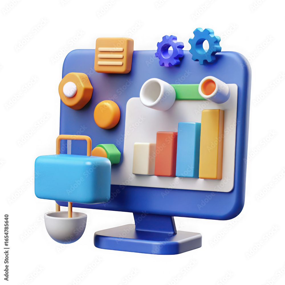 Poster 3d isometric computer screen displaying business analytics and data visualization elements graphic i