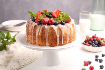 Delicious bundt cake with berries, glaze and mint on white wooden table against grey background, closeup