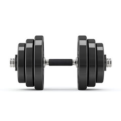 Fototapeta premium Black dumbbell with multiple weight plates isolated on white background fitness equipment workout strength training gym exercise weights