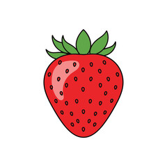 Fototapeta premium A single, ripe strawberry with green leaves, depicted in a simple, clean illustration style.