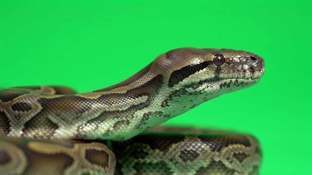 Close-up of a Brown and Tan Python Snake with Intricate Patterned Skin, Coiled Against a Bright Green Chroma Key Background, Ideal for Compositing