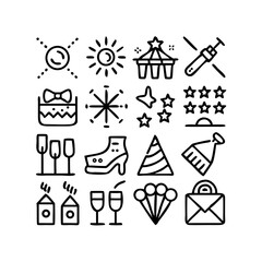 Create a clean, line-art icon set depicting various festival and event types; editable vector format. Include diverse celebrations.