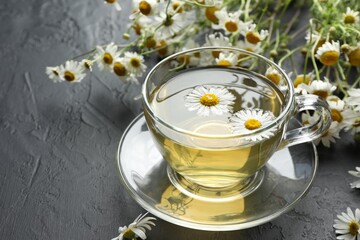 Tasty chamomile tea and flowers on black table, closeup. Space for text