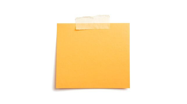The design features a minimal orange sticky note on a white background, topped with a piece of torn white tape.