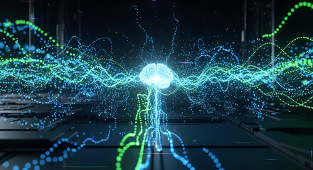 Digital brain illustration depicting neural networks, data flow, and artificial intelligence.